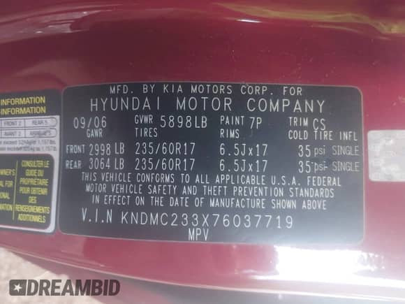 2007 Hyundai Entourage GLS z VIN KNDMC233X76037719, wystawiony jako IAAI lot #42620112 z przebiegiem 209 455 mil mil oraz . Historia ofert i sprzedaży dostępna na DreamBid. Obrazek 9.