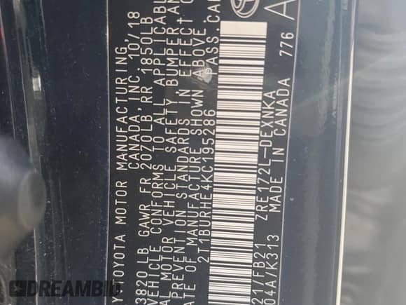 2019 Toyota Corolla LE с VIN 2T1BURHE4KC195286, выставлен на аукционе Copart как лот 84863945 с пробегом 68 562 миль миль и Списание • Salvage title. История ставок и продаж доступна на DreamBid. Изображение 13.