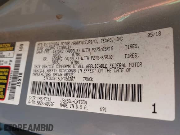 2018 Toyota Tundra SR с VIN 5TFUW5F16JX756387, выставлен на аукционе IAAI как лот 41304190 с пробегом 221 970 миль миль и . История ставок и продаж доступна на DreamBid. Изображение 9.