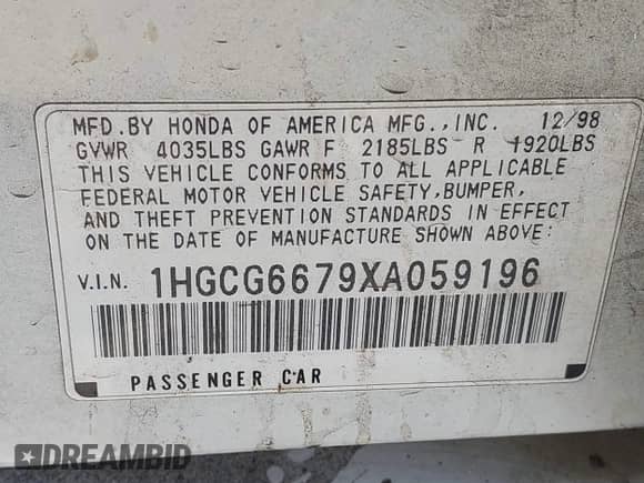 1999 Honda Accord EX with VIN 1HGCG6679XA059196, listed as a IAAI auction lot 43042767 with 256,679 mi miles and . Bid and sale history available at DreamBid. Image 9.