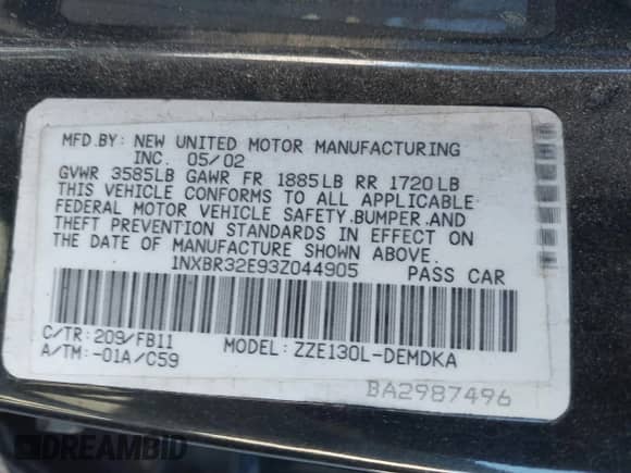 2003 Toyota Corolla CE с VIN 1NXBR32E93Z044905, выставлен на аукционе IAAI как лот 43540255 с пробегом 207 878 миль миль и . История ставок и продаж доступна на DreamBid. Изображение 9.