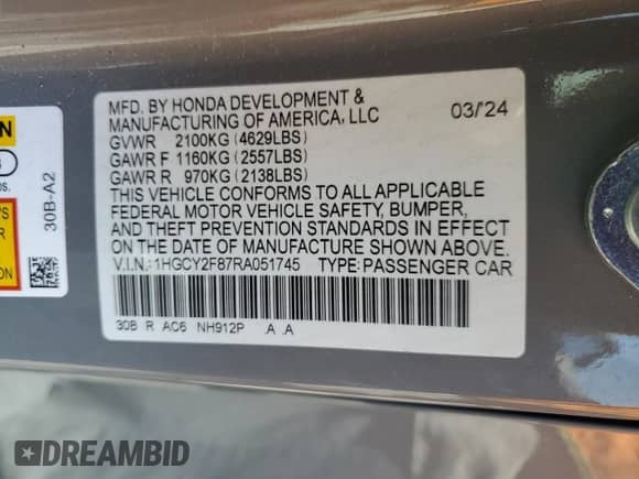 2024 Honda Accord Touring с VIN 1HGCY2F87RA051745, выставлен на аукционе Copart как лот 66949625 с пробегом 35 284 миль миль и Списание • Salvage title. История ставок и продаж доступна на DreamBid. Изображение 12.