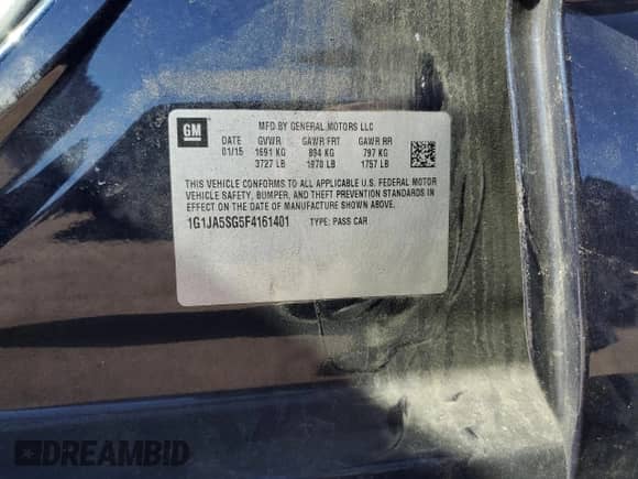 2015 Chevrolet Sonic LS with VIN 1G1JA5SG5F4161401, listed as a Copart auction lot 86848125 with 94,799 mi miles and Salvage title. Bid and sale history available at DreamBid. Image 12.