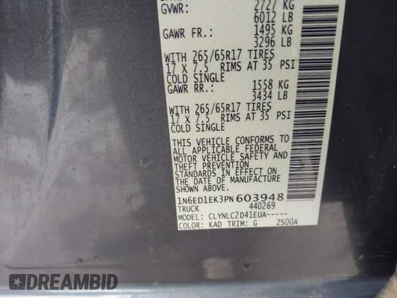 2023 Nissan Frontier SV with VIN 1N6ED1EK3PN603948, listed as a IAAI auction lot 42333677 with 38,779 mi miles and . Bid and sale history available at DreamBid. Image 9.