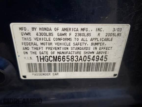 2003 Honda Accord EX с VIN 1HGCM66583A054945, выставлен на аукционе Copart как лот 85154505 с пробегом 70 095 миль миль и Списание • Salvage title. История ставок и продаж доступна на DreamBid. Изображение 12.