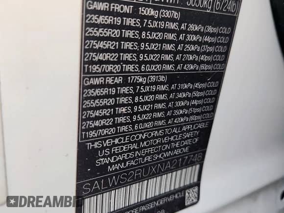 2022 Land Rover Range Rover Sport HST with VIN SALWS2RUXNA217748, listed as a Copart auction lot 59335655 with 33,428 mi miles and Salvage title. Bid and sale history available at DreamBid. Image 13.