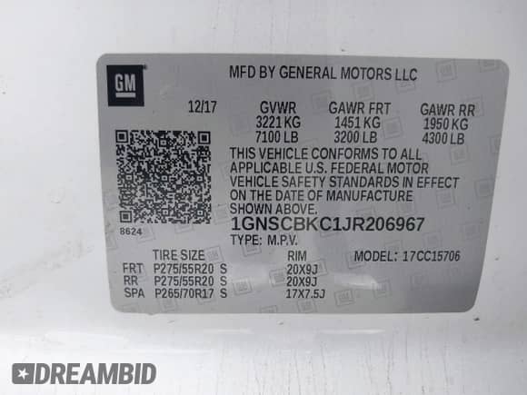 2018 Chevrolet Tahoe LT z VIN 1GNSCBKC1JR206967, wystawiony jako IAAI lot #42565511 z przebiegiem Nie podano mil oraz . Historia ofert i sprzedaży dostępna na DreamBid. Obrazek 9.