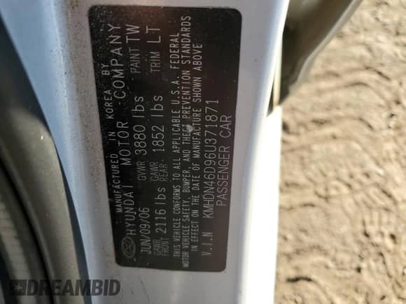 2006 Hyundai Elantra GLS с VIN KMHDN46D96U371871, выставлен на аукционе Copart как лот 81763885 с пробегом 174 661 миль миль и Списание • Salvage title. История ставок и продаж доступна на DreamBid. Изображение 12.