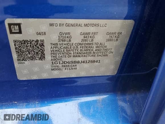 2018 Chevrolet Sonic LT with VIN 1G1JD6SB8J4125941, listed as a Copart auction lot 81559325 with 87,199 mi miles and Salvage title. Bid and sale history available at DreamBid. Image 12.