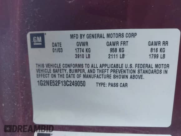 2003 Pontiac Grand Am SE с VIN 1G2NE52F13C249050, выставлен на аукционе IAAI как лот 42721614 с пробегом 158 841 миль миль и . История ставок и продаж доступна на DreamBid. Изображение 9.