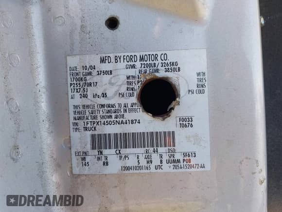 2005 Ford F-150 XLT z VIN 1FTPX14505NA41874, wystawiony jako IAAI lot #43535058 z przebiegiem 104 887 mil mil oraz . Historia ofert i sprzedaży dostępna na DreamBid. Obrazek 9.