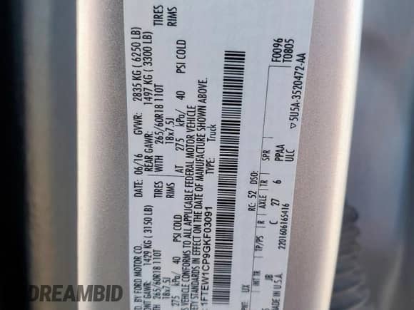 2016 Ford F-150 XLT z VIN 1FTEW1CP9GKF03091, wystawiony jako Copart lot #81721535 z przebiegiem 178 998 mil mil oraz Szkoda całkowita • Salvage title. Historia ofert i sprzedaży dostępna na DreamBid. Obrazek 13.