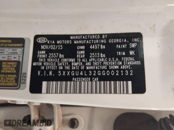 2016 Kia Optima EX with VIN 5XXGU4L32GG002132, listed as a IAAI auction lot 43076125 with 110,849 mi miles and . Bid and sale history available at DreamBid. Image 9.