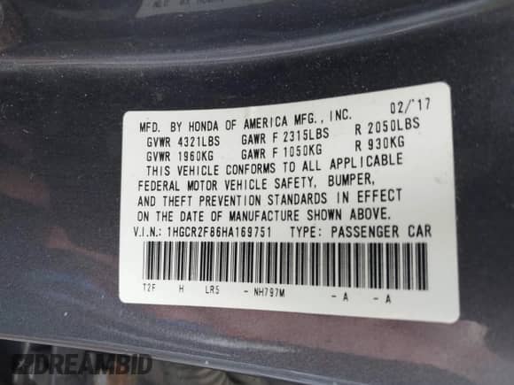 2017 Honda Accord EX-L with VIN 1HGCR2F86HA169751, listed as a IAAI auction lot 42470904 with 65,120 mi miles and . Bid and sale history available at DreamBid. Image 9.