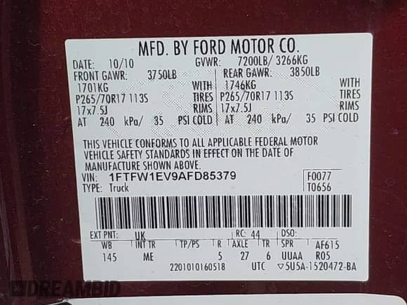 2010 Ford F-150 XL с VIN 1FTFW1EV9AFD85379, выставлен на аукционе IAAI как лот 41245392 с пробегом 151 586 миль миль и . История ставок и продаж доступна на DreamBid. Изображение 9.