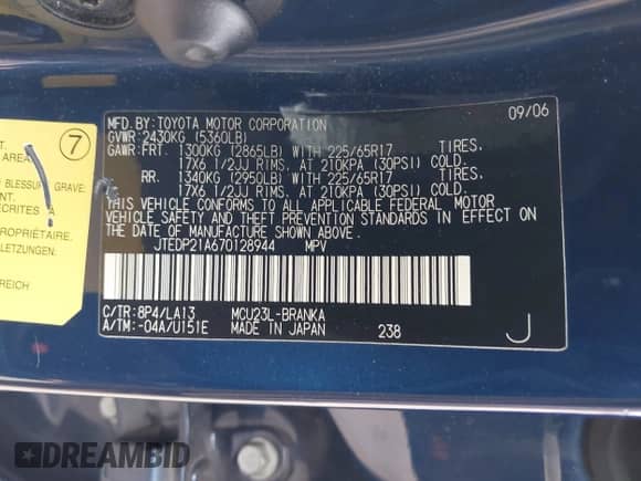 2007 Toyota Highlander w/3rd Row z VIN JTEDP21A670128944, wystawiony jako IAAI lot #43502852 z przebiegiem 256 971 mil mil oraz . Historia ofert i sprzedaży dostępna na DreamBid. Obrazek 9.