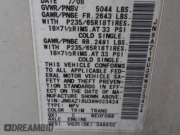 2009 Nissan Murano SL z VIN JN8AZ18U39W023424, wystawiony jako IAAI lot #42902967 z przebiegiem 189 127 mil mil oraz . Historia ofert i sprzedaży dostępna na DreamBid. Obrazek 9.