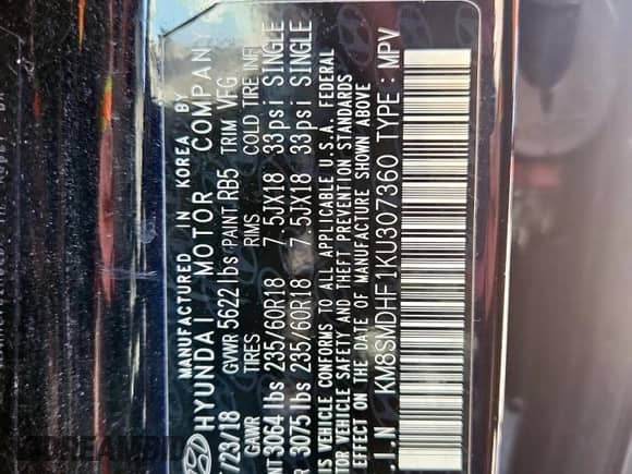 2019 Hyundai Santa Fe SE with VIN KM8SMDHF1KU307360, listed as a Copart auction lot 84465535 with 52,212 mi miles and Salvage title. Bid and sale history available at DreamBid. Image 13.