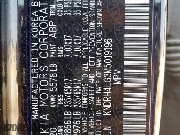 2021 Kia Sorento EX with VIN KNDRH4LG3M5019196, listed as a Copart auction lot 59020465 with 68,935 mi miles and Salvage title. Bid and sale history available at DreamBid. Image 14.