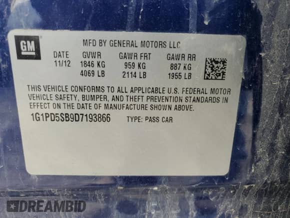 2013 Chevrolet Cruze 1LT z VIN 1G1PD5SB9D7193866, wystawiony jako Copart lot #58338485 z przebiegiem 191 813 mil mil oraz Czysty tytuł • Clean title. Historia ofert i sprzedaży dostępna na DreamBid. Obrazek 12.