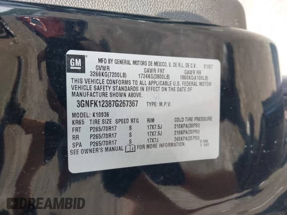 2007 Chevrolet Avalanche 3LT with VIN 3GNFK12387G267367, listed as a IAAI auction lot 42856713 with 220,373 mi miles and . Bid and sale history available at DreamBid. Image 9.