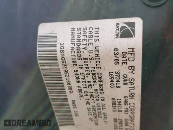 2005 Saturn ION ION 1 с VIN 1G8AG52F95Z160289, выставлен на аукционе Copart как лот 45293615 с пробегом 205 407 миль миль и Чистый • Clean title. История ставок и продаж доступна на DreamBid. Изображение 12.