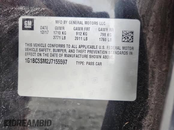 2018 Chevrolet Cruze LS с VIN 1G1BC5SM2J7155597, выставлен на аукционе Copart как лот 82187685 с пробегом Не указан миль и Списание • Salvage title. История ставок и продаж доступна на DreamBid. Изображение 12.