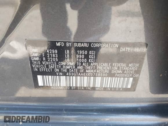 2019 Subaru Impreza с VIN 4S3GTAA6XK3758590, выставлен на аукционе IAAI как лот 42312046 с пробегом 79 040 миль миль и . История ставок и продаж доступна на DreamBid. Изображение 9.