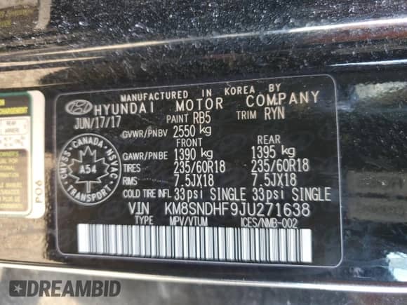 2018 Hyundai Santa Fe SE with VIN KM8SNDHF9JU271638, listed as a Copart auction lot 69696535 with 192,325 mi miles and Clean title. Bid and sale history available at DreamBid. Image 13.