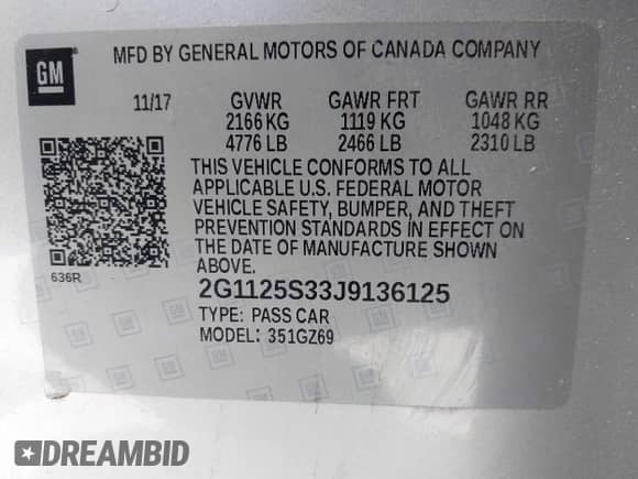 2018 Chevrolet Impala Premier with VIN 2G1125S33J9136125, listed as a IAAI auction lot 42012548 with 151,731 mi miles and . Bid and sale history available at DreamBid. Image 9.