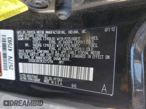 2012 Toyota Sienna with VIN 5TDZK3DC9CS275794, listed as a Copart auction lot 82216295 with 130,044 mi miles and Salvage title. Bid and sale history available at DreamBid. Image 13.