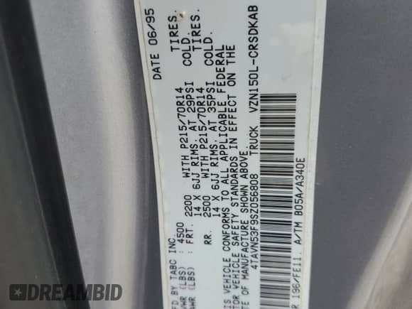 1995 Toyota Tacoma с VIN 4TAVN53F9SZ056808, выставлен на аукционе Copart как лот 85561215 с пробегом 286 407 миль миль и Списание • Salvage title. История ставок и продаж доступна на DreamBid. Изображение 12.