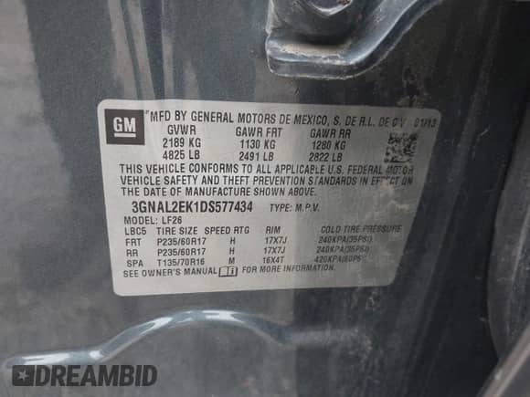 2013 Chevrolet Captiva Sport LS с VIN 3GNAL2EK1DS577434, выставлен на аукционе IAAI как лот 42755674 с пробегом 112 121 миль миль и . История ставок и продаж доступна на DreamBid. Изображение 9.