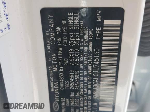 2018 Hyundai Tucson Sport with VIN KM8J3CAL0JU745150, listed as a Copart auction lot 87183805 with 121,448 mi miles and Clean title. Bid and sale history available at DreamBid. Image 13.