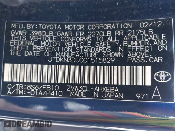 2012 Toyota Prius Three with VIN JTDKN3DU0C1515829, listed as a IAAI auction lot 43377184 with Not provided miles and . Bid and sale history available at DreamBid. Image 9.