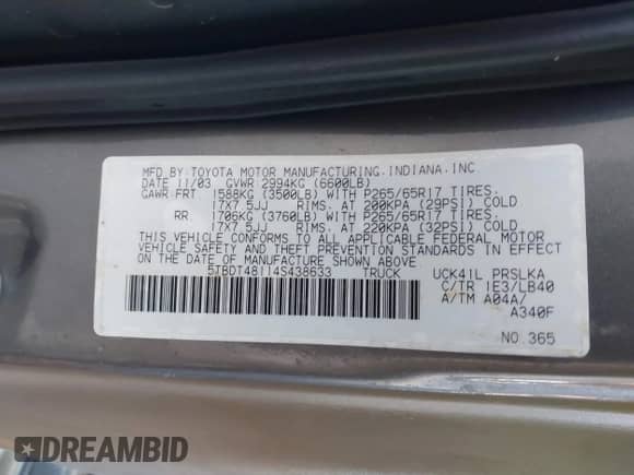 2004 Toyota Tundra Limited с VIN 5TBDT48114S438633, выставлен на аукционе IAAI как лот 43485878 с пробегом 245 296 миль миль и . История ставок и продаж доступна на DreamBid. Изображение 9.