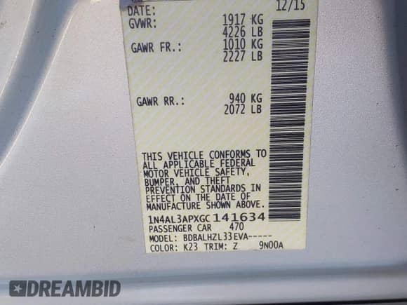 2016 Nissan Altima SR с VIN 1N4AL3APXGC141634, выставлен на аукционе IAAI как лот 43507098 с пробегом 133 160 миль миль и . История ставок и продаж доступна на DreamBid. Изображение 9.