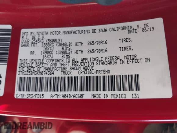 2019 Toyota Tacoma SR5 with VIN 3TMDZ5BN3KM074364, listed as a IAAI auction lot 43431389 with 105,380 mi miles and . Bid and sale history available at DreamBid. Image 9.