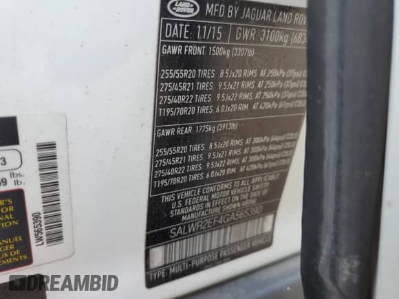 2016 Land Rover Range Rover Sport Dynamic with VIN SALWR2EF4GA565390, listed as a Copart auction lot 67256055 with 85,292 mi miles and Salvage title. Bid and sale history available at DreamBid. Image 13.