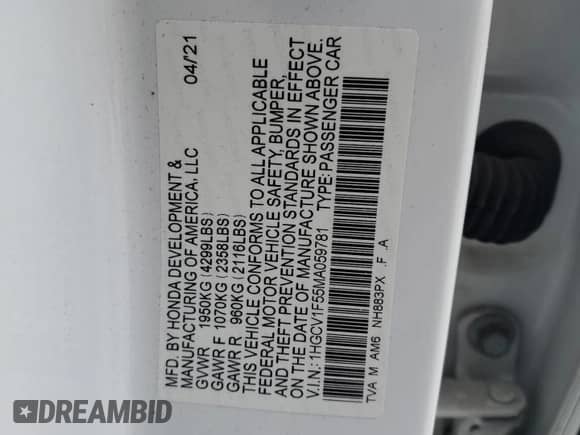 2021 Honda Accord EX-L с VIN 1HGCV1F55MA059781, выставлен на аукционе Copart как лот 81326765 с пробегом 45 752 миль миль и Списание • Salvage title. История ставок и продаж доступна на DreamBid. Изображение 12.