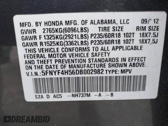 2013 Honda Pilot EX-L with VIN 5FNYF4H56DB002982, listed as a IAAI auction lot 42999082 with 113,189 mi miles and . Bid and sale history available at DreamBid. Image 9.