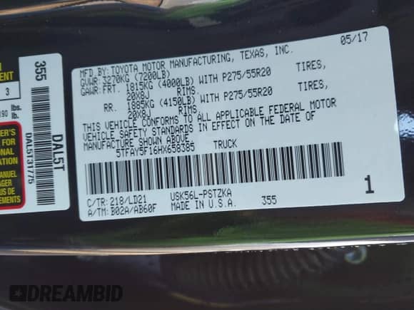 2017 Toyota Tundra Platinum с VIN 5TFAY5F16HX658385, выставлен на аукционе IAAI как лот 41384587 с пробегом 43 189 миль миль и . История ставок и продаж доступна на DreamBid. Изображение 9.