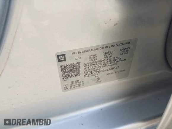 2019 Chevrolet Silverado 1500 LT with VIN 2GCRCPEC9K1149587, listed as a IAAI auction lot 42709087 with Not provided miles and . Bid and sale history available at DreamBid. Image 9.