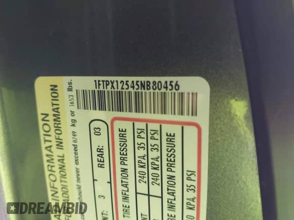 2005 Ford F-150 XLT with VIN 1FTPX12545NB80456, listed as a IAAI auction lot 43425697 with 216,419 mi miles and . Bid and sale history available at DreamBid. Image 9.