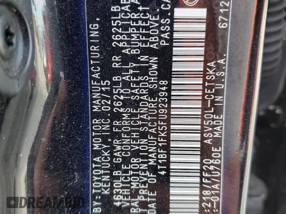 2015 Toyota Camry SE z VIN 4T1BF1FK5FU923948, wystawiony jako Copart lot #82100065 z przebiegiem 224 274 mil mil oraz Nie do naprawy • Non repairable. Historia ofert i sprzedaży dostępna na DreamBid. Obrazek 12.