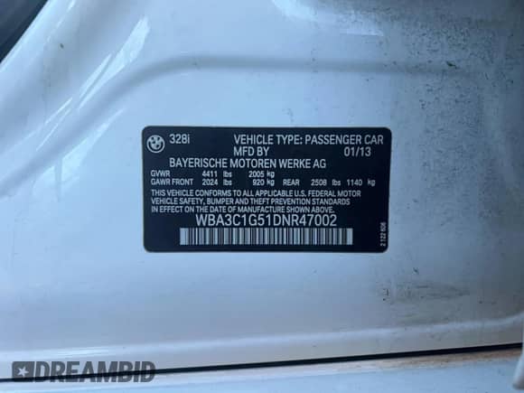 2013 BMW 3 Series 328i z VIN WBA3C1G51DNR47002, wystawiony jako Copart lot #89446825 z przebiegiem 138 718 mil mil oraz Czysty tytuł • Clean title. Historia ofert i sprzedaży dostępna na DreamBid. Obrazek 10.