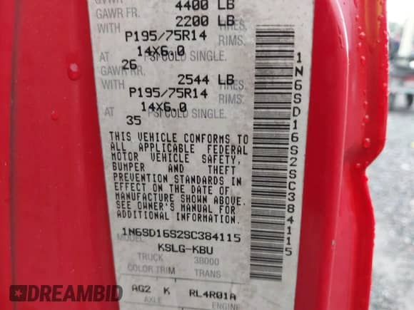 1995 Nissan Frontier with VIN 1N6SD16S2SC384115, listed as a IAAI auction lot 42232654 with 120,887 mi miles and . Bid and sale history available at DreamBid. Image 9.