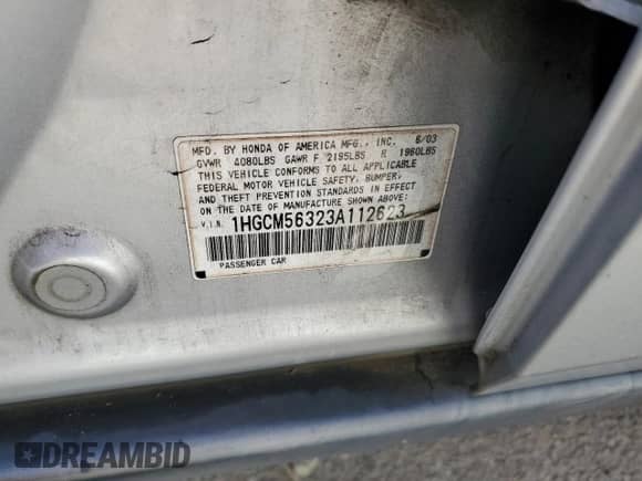 2003 Honda Accord LX with VIN 1HGCM56323A112623, listed as a Copart auction lot 84656275 with 265,483 mi miles and Non repairable. Bid and sale history available at DreamBid. Image 12.