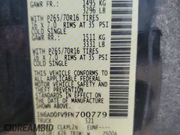 2015 Nissan Frontier SV with VIN 1N6AD0FV9FN700779, listed as a Copart auction lot 81667305 with 129,629 mi miles and Salvage title. Bid and sale history available at DreamBid. Image 12.