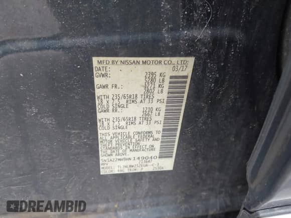 2017 Nissan Murano SL with VIN 5N1AZ2MH9HN149040, listed as a IAAI auction lot 41880482 with 142,077 mi miles and . Bid and sale history available at DreamBid. Image 9.